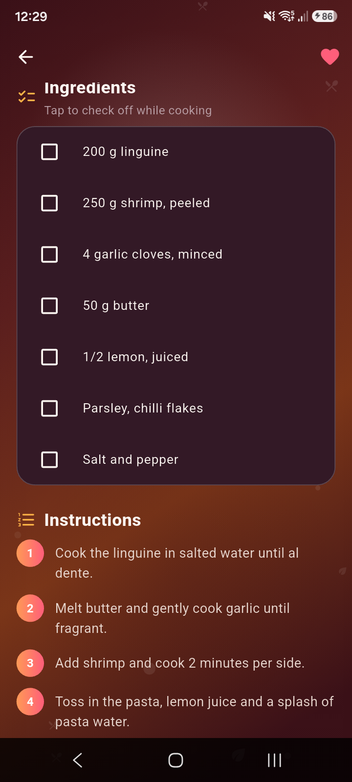 Foodie Guide ingredients screen
